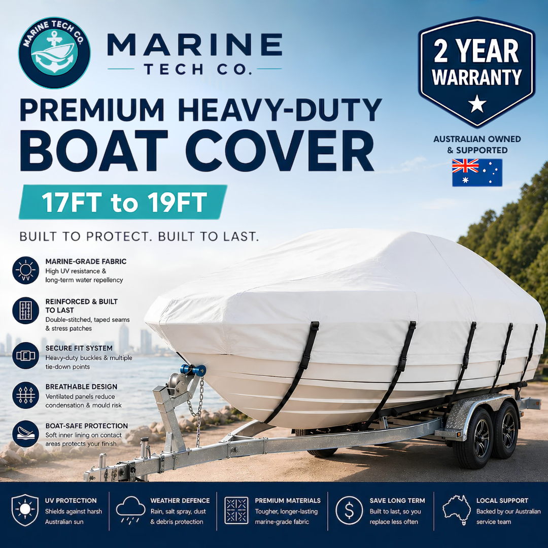 Marine Tech Co - Premium Heavy-Duty Boat Cover (17ft – 19ft) | 2-Year Warranty | White