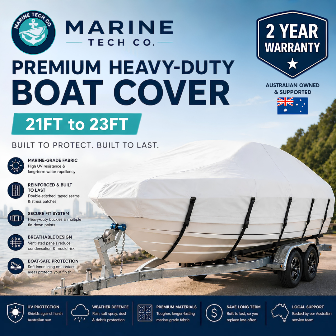 Marine Tech Co - Premium Heavy-Duty Boat Cover (21ft – 23ft) | 2-Year Warranty | White