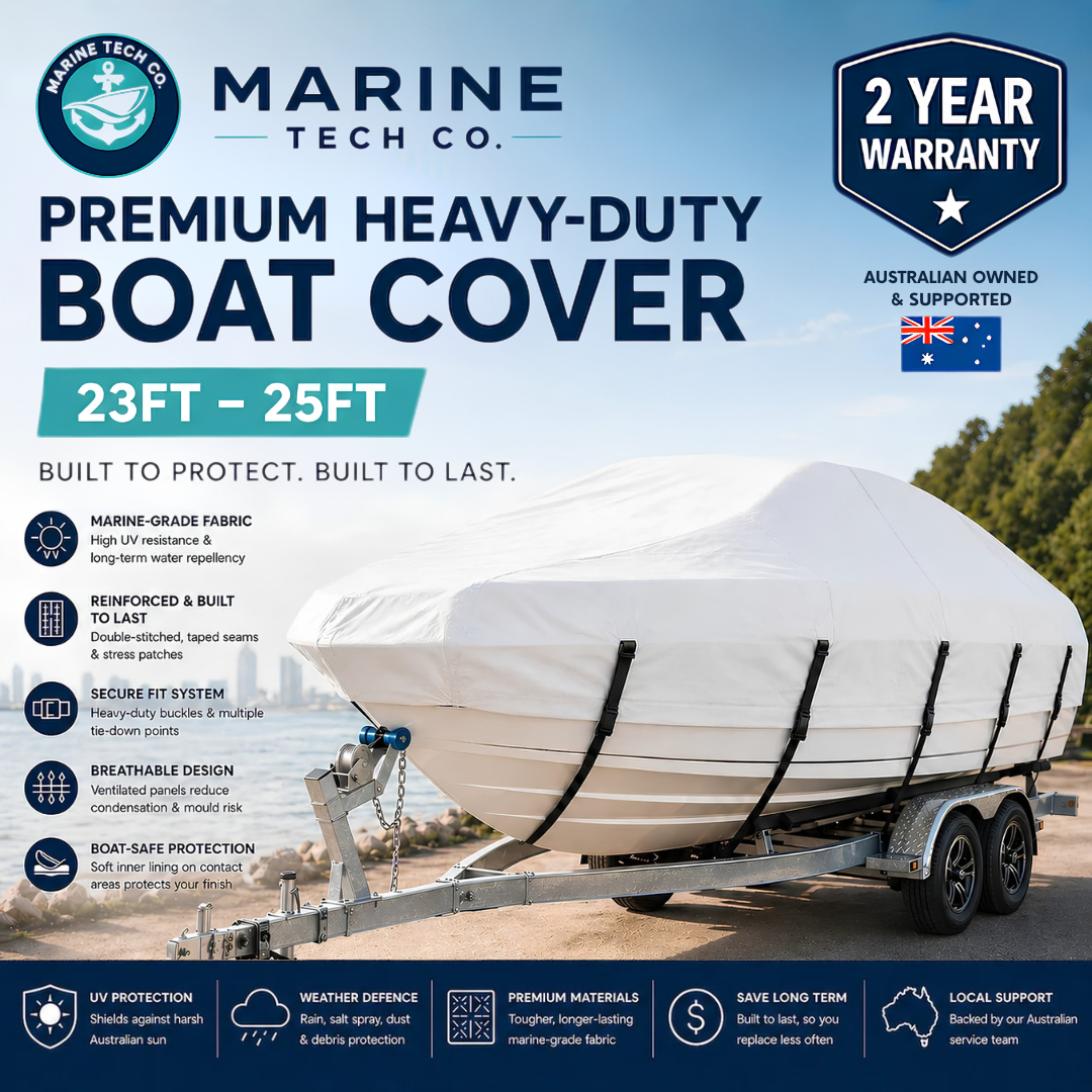 Marine Tech Co - Premium Heavy-Duty Boat Cover (23ft – 25ft) | 2-Year Warranty | White