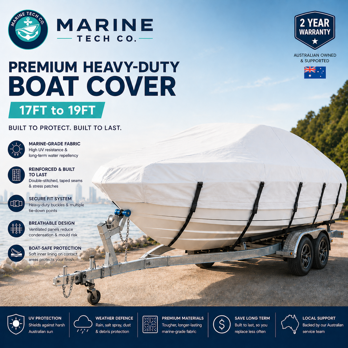 Marine Tech Co - Premium Heavy-Duty Boat Cover (17ft – 19ft) | White