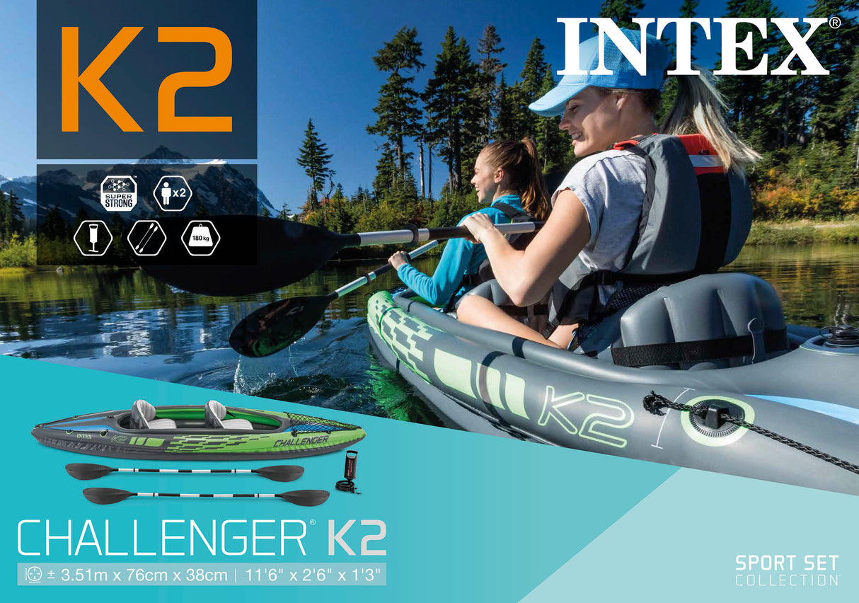 Intex Challenger K2 Inflatable Kayak: 2-Person, 2.6m Sporty Design with Adjustable Seats, Aluminium Paddles & High-Output Pump, Lakes & Mild Rivers