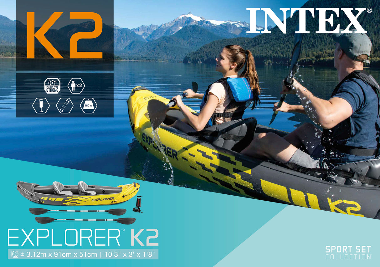 Intex Explorer K2 Inflatable Kayak: 2-Person, 3.12m × 0.91m × 0.51m with Adjustable Seats, Aluminium Paddles & High-Output Pump, Lakes & Mild Rivers