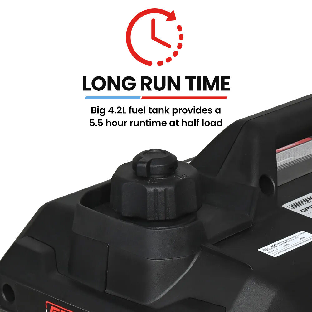 GENPOWER 2.3kW Peak 1.8kW Inverter Generator, 2x15A, 12V, USB, Portable, Petrol, Camping, Home Backup