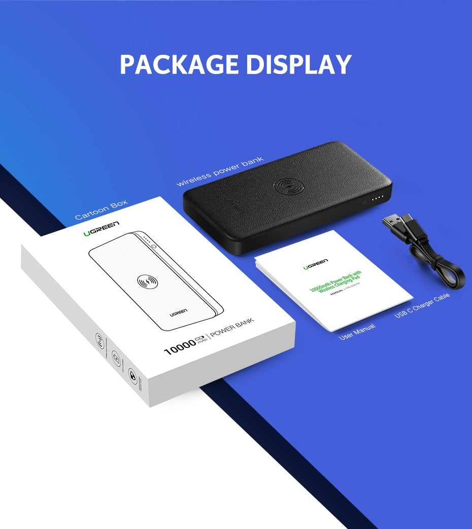 UGreen 10000mAh Power bank with 10W QI Wireless Charging Pad - Black 50578