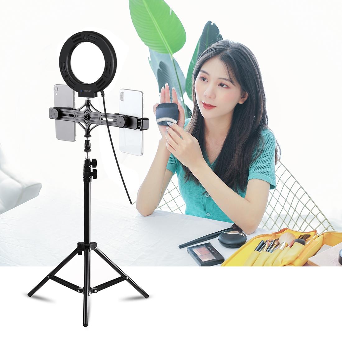 Live Broadcast Dual Phone Bracket with 1.1m Tripod & 6.2 Inch Led Ring Light Kit