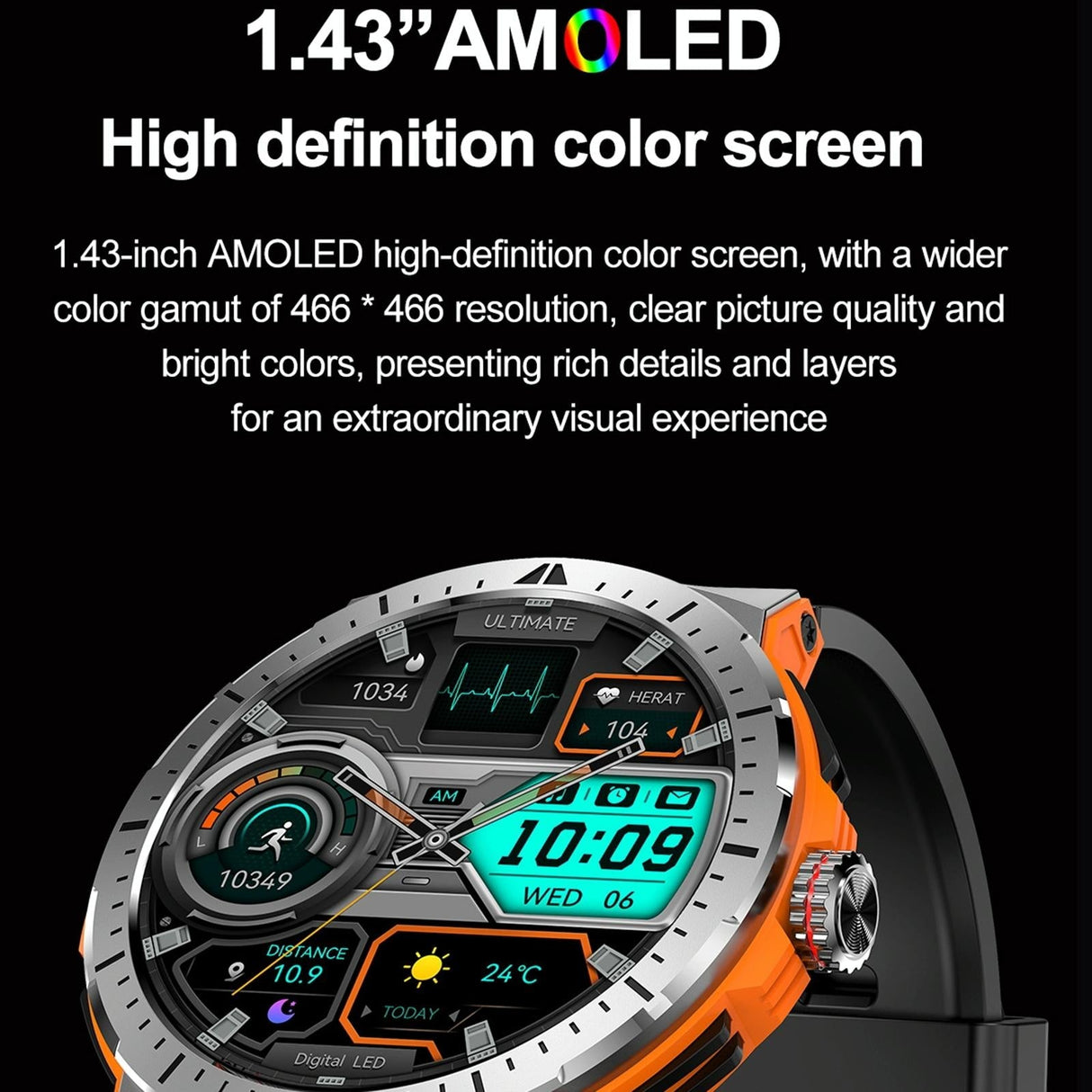1.43 Inch Bt5.3 Ip68 Sport Smart Watch Support Bluetooth Call / Message Notification / Heart Rate / Blood Pressure Health Monitor - Red