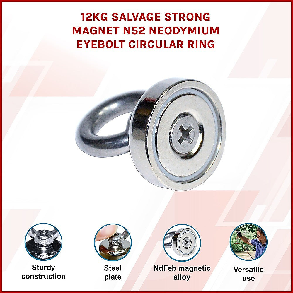 12Kg SALVAGE Strong MAGNET N52 Neodymium Eyebolt Circular Ring