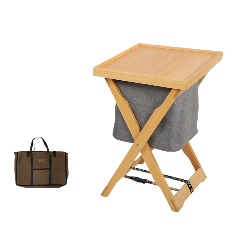 Foldable Wooden Laundry Bag and Frame with Removable Tray and Storage Bag - Natural Wood Finish - Wood Colour