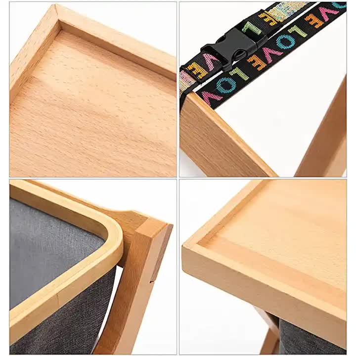 Foldable Wooden Laundry Bag and Frame with Removable Tray and Storage Bag - Natural Wood Finish - Wood Colour