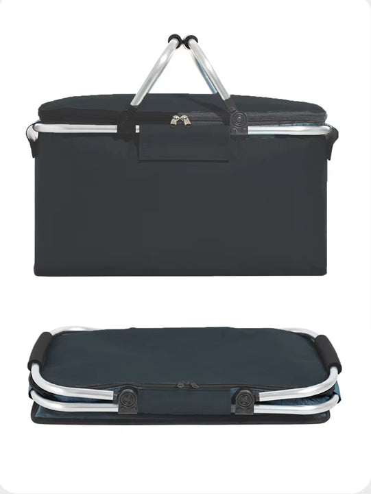 Navy Blue Portable Aluminium Foil Insulated Picnic Basket with Zipper Lid, 40x20x23cm