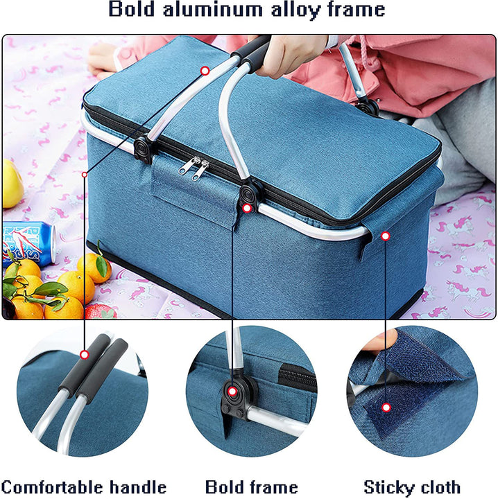 Navy Blue Portable Aluminium Foil Insulated Picnic Basket with Zipper Lid, 40x20x23cm