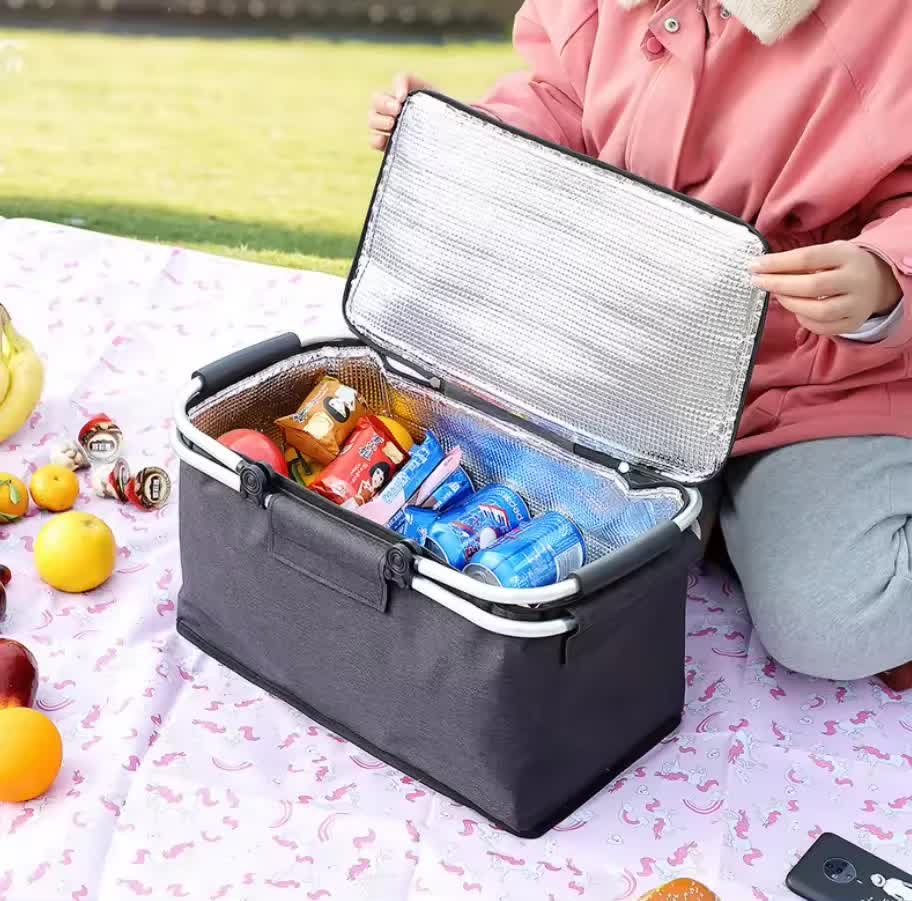 Navy Blue Portable Aluminium Foil Insulated Picnic Basket with Zipper Lid, 40x20x23cm