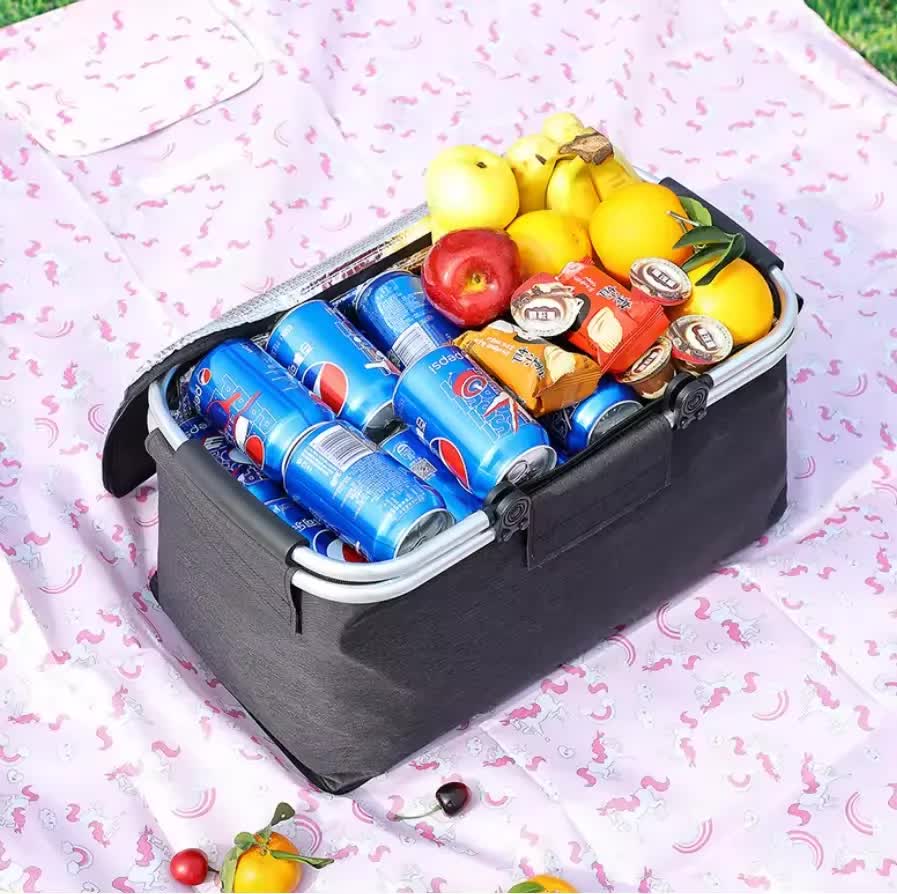 Navy Blue Portable Aluminium Foil Insulated Picnic Basket with Zipper Lid, 40x20x23cm