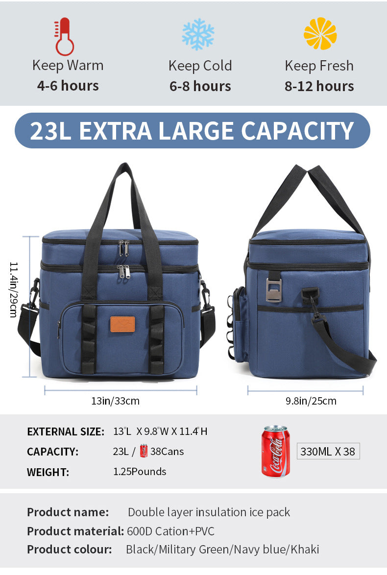 Khaki 23L Extra Large Insulated Cooler Bag with Double Layers - Perfect for Fishing, Camping, Picnics, and Outdoor Adventures