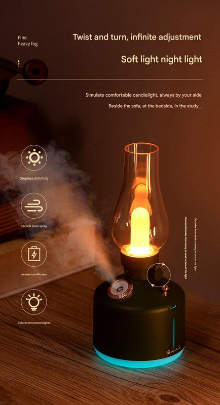 Green Retro Kerosene Lamp Humidifier - Rechargeable Cool Mist Maker with Dimmable Light