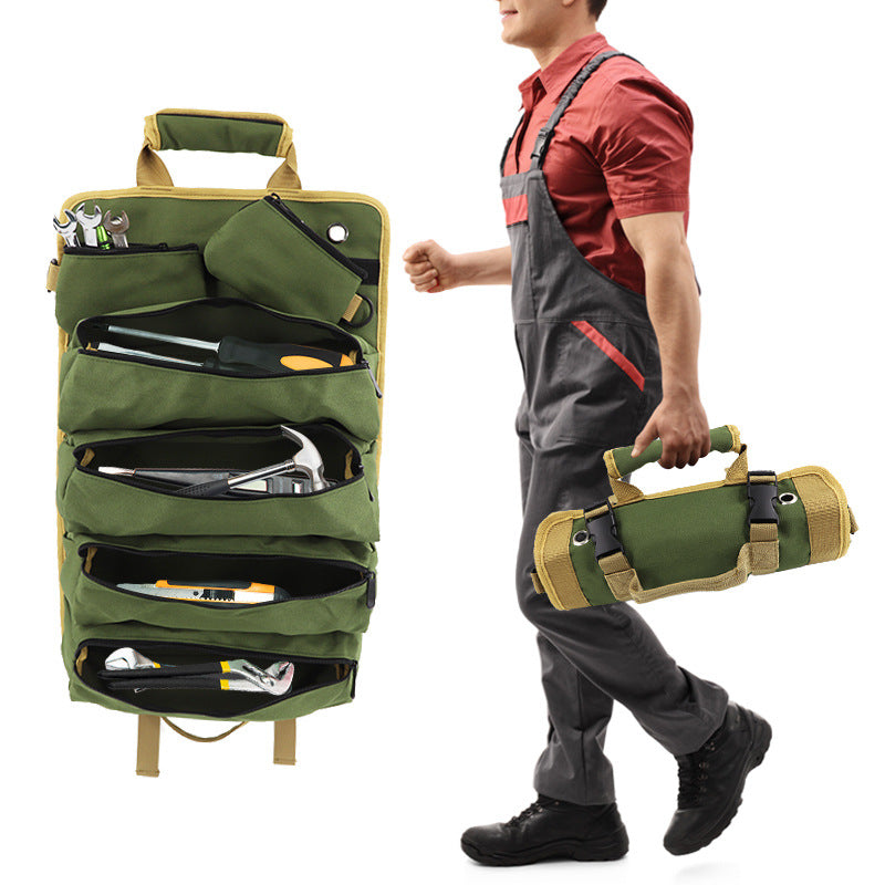Green Heavy Duty Roll-Up Tool Bag Organizer - Waterproof Oxford Fabric Pouch with Multiple Pockets