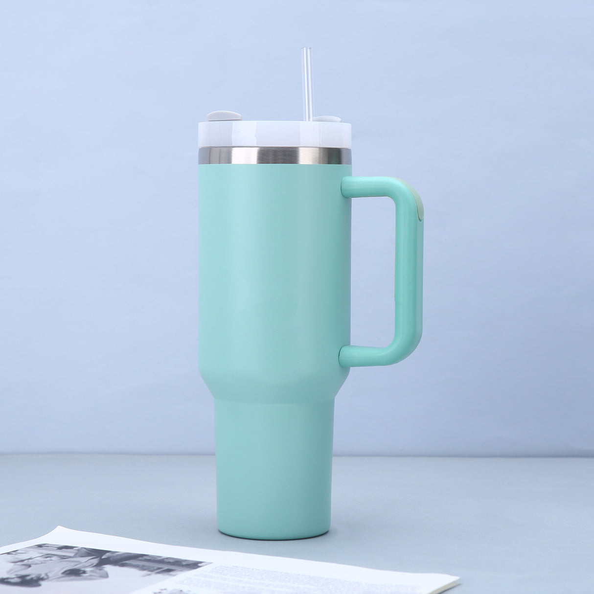 Eucalyptus Green 40oz Stainless Steel Tumbler with Handle & Straw - Large Capacity Insulated Travel Mug