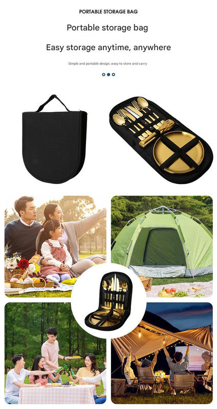 6-Piece Portable Stainless Steel Cutlery Set with Plate and Bag - Gold, Great for Camping and Travel (Steak Knife)
