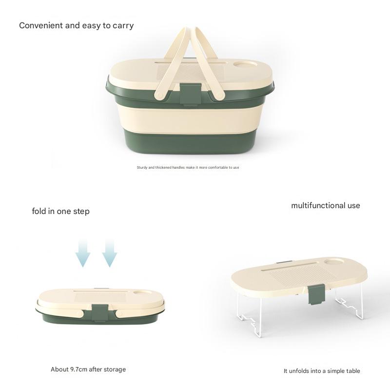Foldable Picnic Basket with Tray - 16.5L Capacity, White Green, Perfect for Camping and Outdoor Gatherings