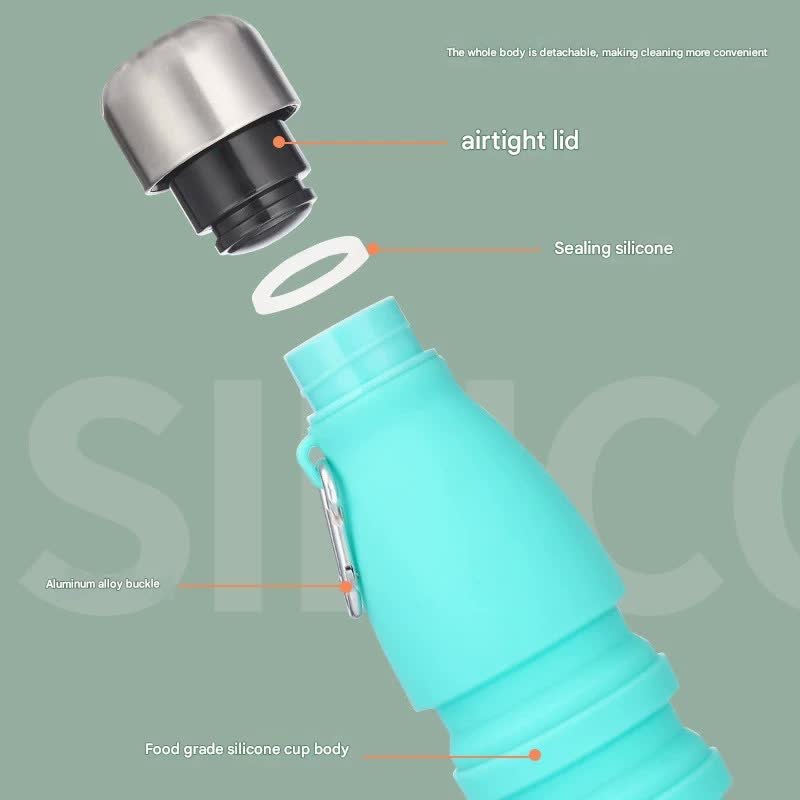Camouflage Green Collapsible Silicone Water Bottle - Portable Sports Hydration Flask with Carabiner, 550ml/300ml