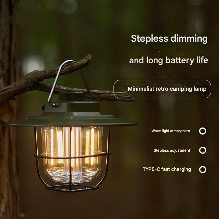Green Vintage LED Camping Lantern - Rechargeable, Stepless Dimming, Power Bank
