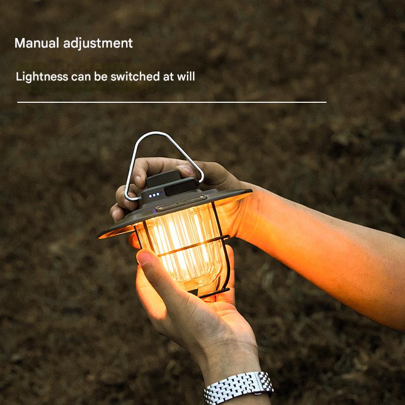 Black Vintage LED Camping Lantern - Rechargeable, Stepless Dimming, Power Bank