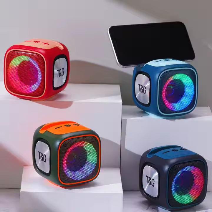 Red T&G Portable Cube Bluetooth Speaker - RGB Lights, FM Radio, Multi-Input Sound System
