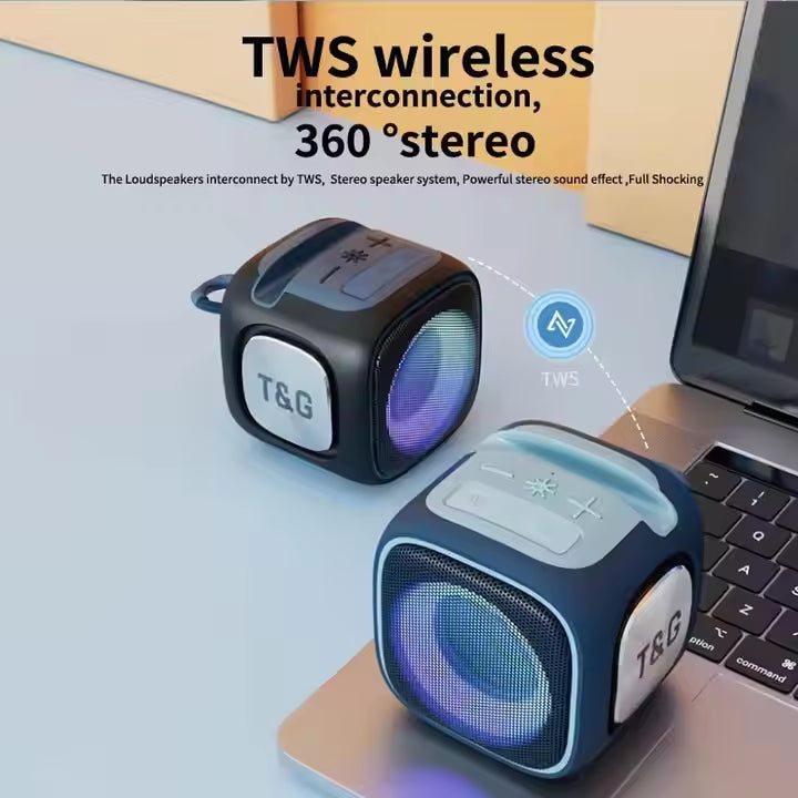 Red T&G Portable Cube Bluetooth Speaker - RGB Lights, FM Radio, Multi-Input Sound System