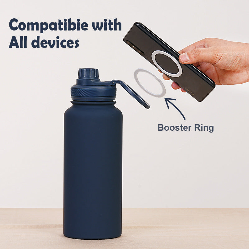 Orange 1L Stainless Steel Water Bottle with Magnetic Phone Holder Lid - Portable Hydration & Hands-Free Stand