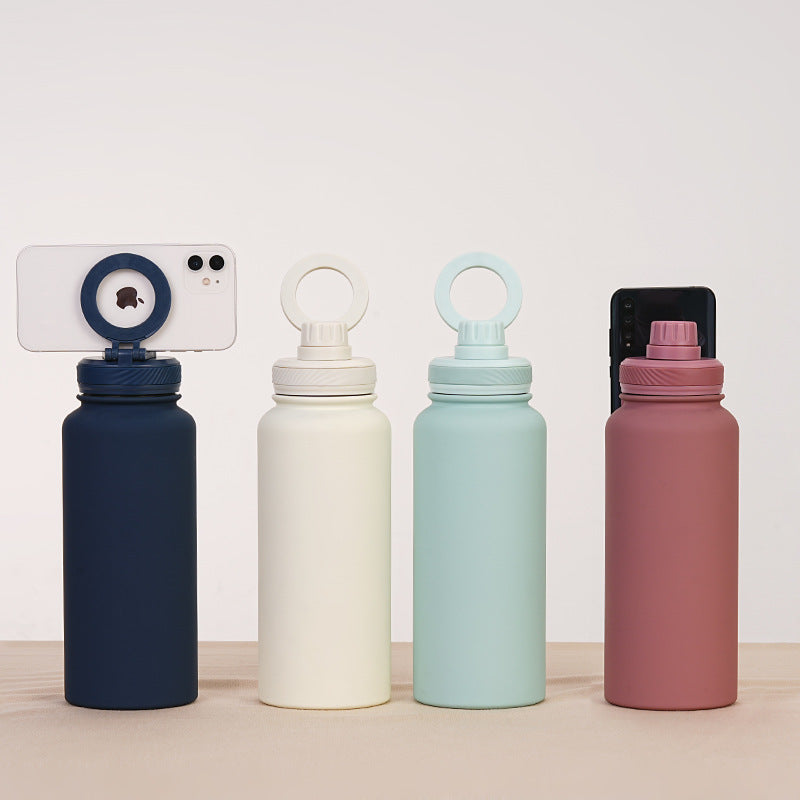 Grey 1L Stainless Steel Water Bottle with Magnetic Phone Holder Lid - Portable Hydration & Hands-Free Stand