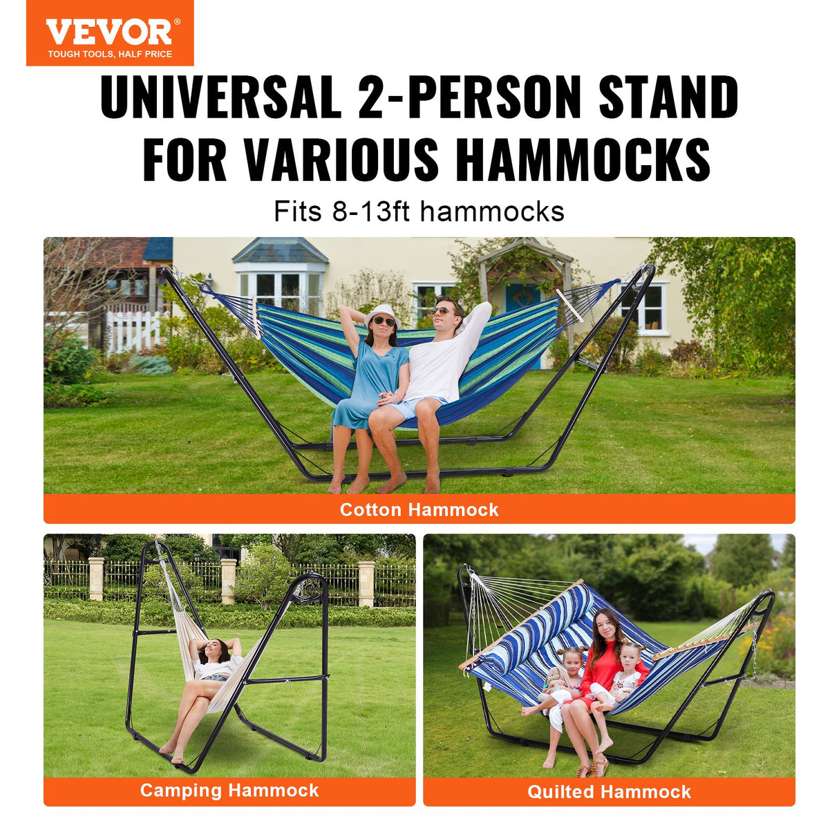 VEVOR Universal 2 Person Hammock Stand, Adjustable Heavy Duty 550 lbs Capacity Hammock Stand Fits 8-13 ft Hammocks for Outdoor and Indoor Portable Hammock Stand with Chain, Hook, and Carrying Bag