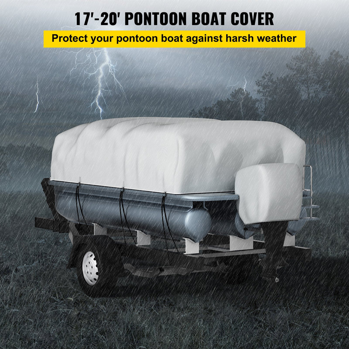 VEVOR Pontoon Boat Cover, Fit for 17'-20' Boat, Heavy Duty 600D Marine Grade Oxford Fabric, UV Resistant Waterproof Trailerable Boat Cover with 2 Support Poles and 7 Wind-Proof Straps, Gray