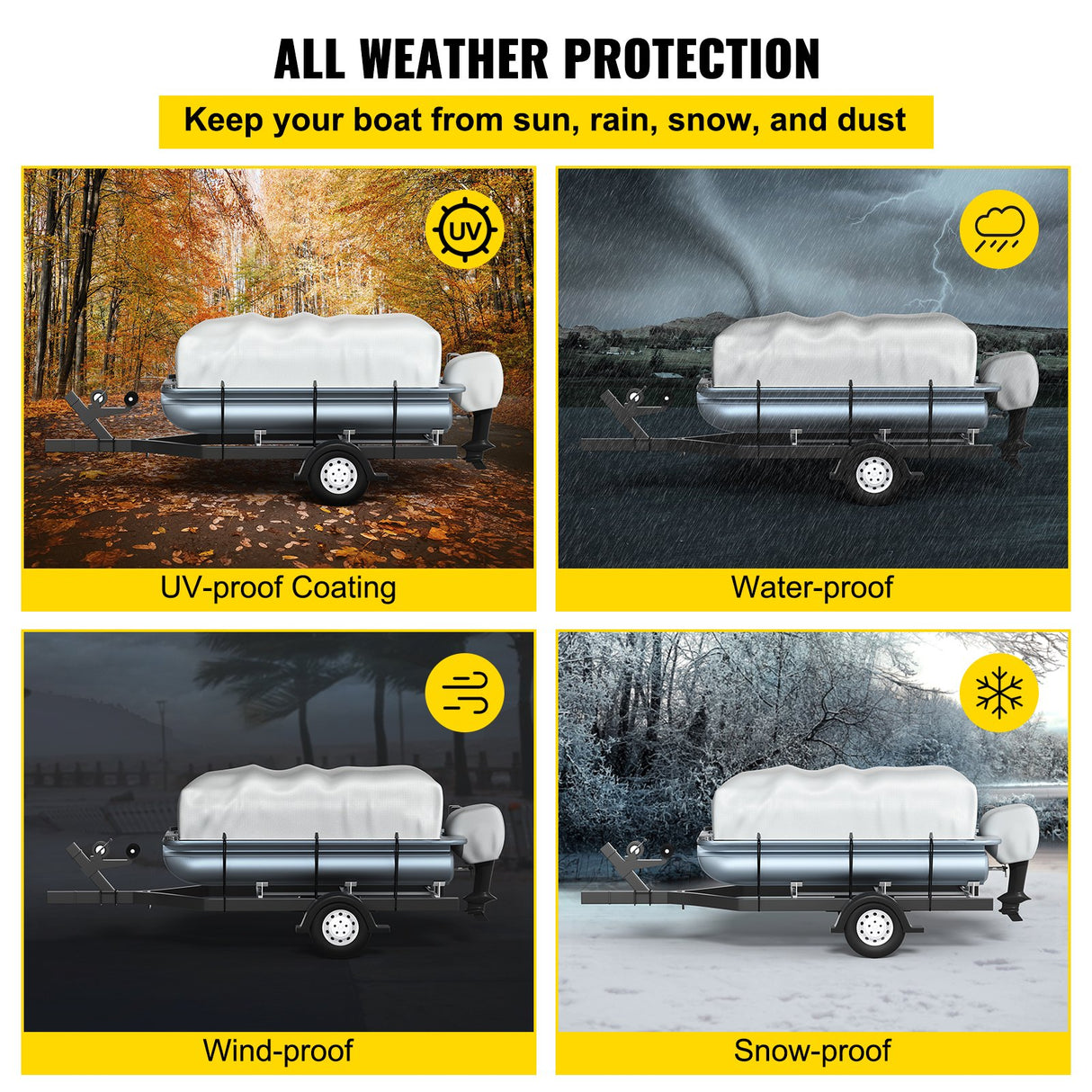 VEVOR Pontoon Boat Cover, Fit for 17'-20' Boat, Heavy Duty 600D Marine Grade Oxford Fabric, UV Resistant Waterproof Trailerable Boat Cover with 2 Support Poles and 7 Wind-Proof Straps, Gray