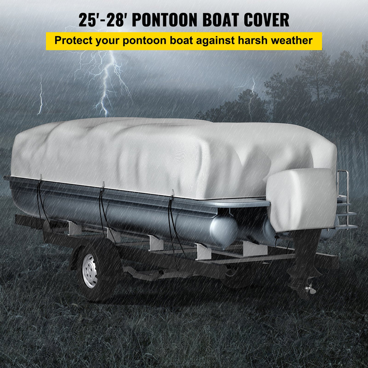 VEVOR Pontoon Boat Cover, Fit for 25'-28' Boat, Heavy Duty 600D Marine Grade Oxford Fabric, UV Resistant Waterproof Trailerable Boat Cover with 2 Support Poles and 7 Wind-Proof Straps, Gray