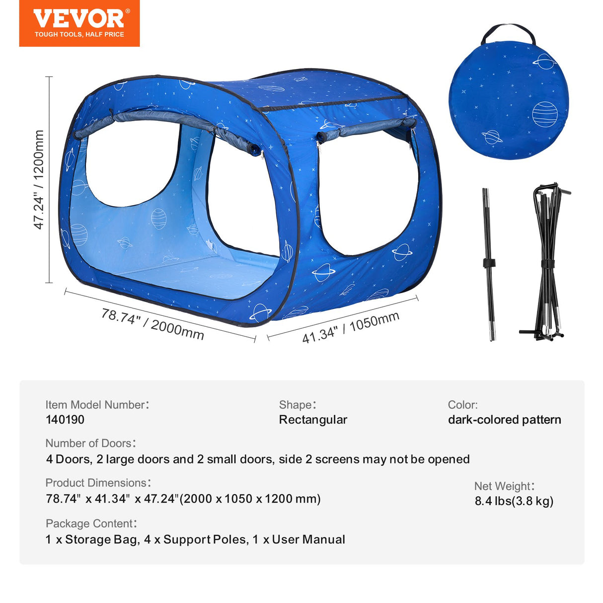 VEVOR Bed Tent, Pongee Fabric, 2 Doors Breathable Dream Tent with 8.5 mm Fiber Poles on Bed Privacy, Full Size Block out Light Sleeping Bed Canopy, Fit for Kids Playhouse and Adults Sleeping Tent