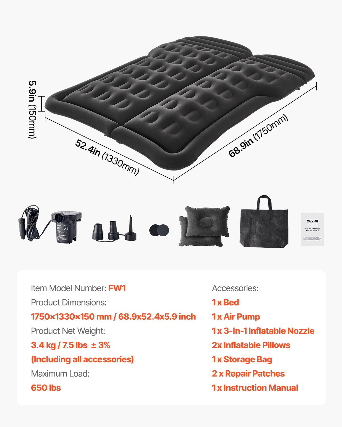 VEVOR Car Air Mattress Inflatable Car Camping Travel Sleeping Bed SUV MPV Sedan