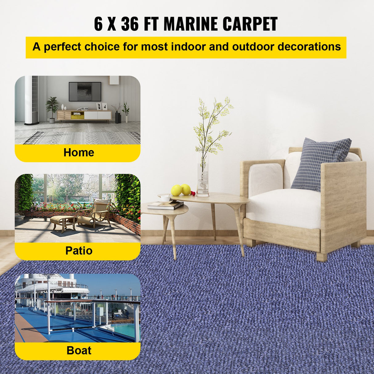 VEVOR Deep Blue Marine Carpet – 6 ft × 36 ft, marine-grade carpet for boats with waterproof backing, suitable for outdoor use, non-slip runner rug.