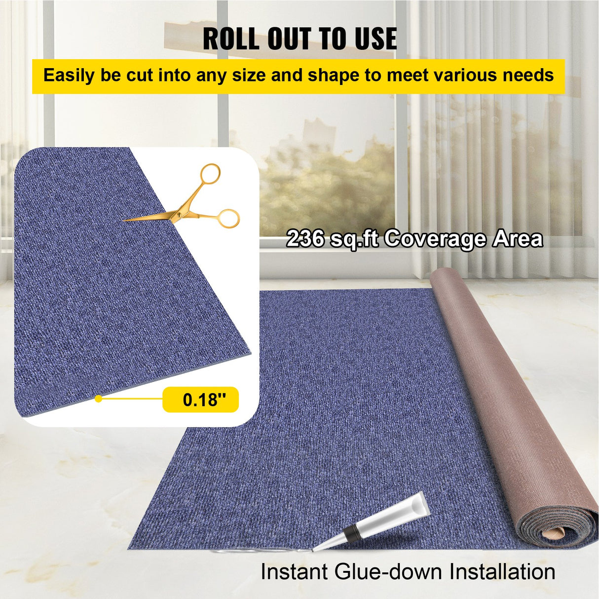 VEVOR Deep Blue Marine Carpet – 6 ft × 39.3 ft (1.8 × 12.0 m), Marine-Grade Indoor/Outdoor Carpet with Waterproof TPR Backing, Non-Slip, Easy-Cut, Durable Carpet Roll