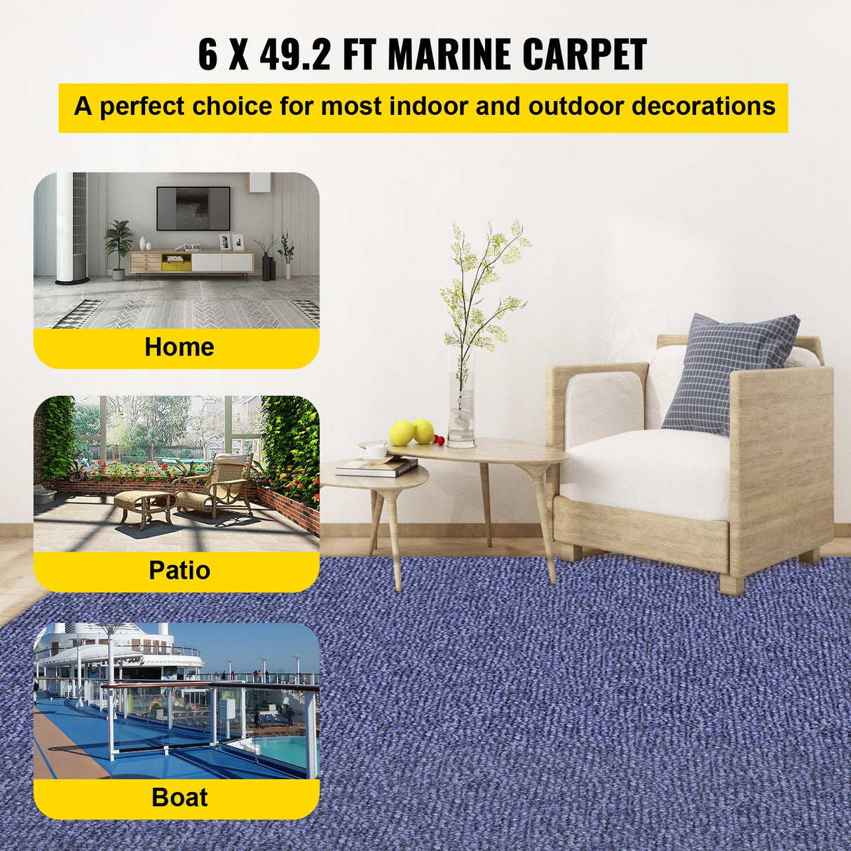 VEVOR Deep Blue Marine Carpet – 6 ft × 49.2 ft (1.83 × 15.00 m), marine-grade outdoor runner with waterproof TPR backing, non-slip, UV & mould-resistant.