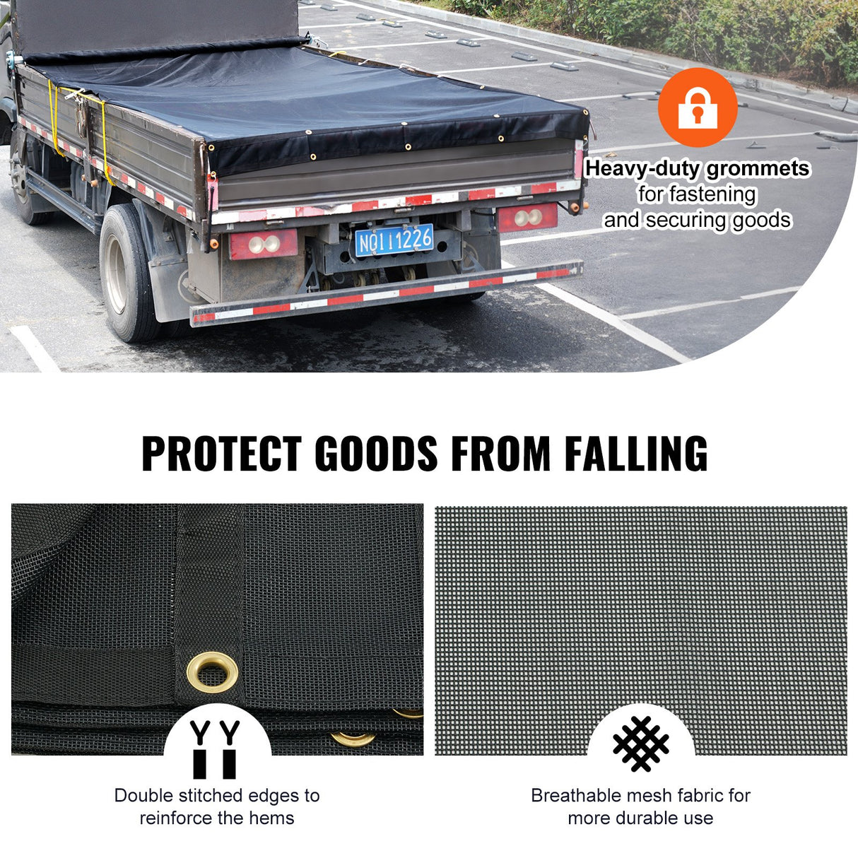 VEVOR Dump Truck Mesh Tarp, 5 x 14 ft, PVC Coated Black Heavy Duty Cover with 5.5" 18oz Double Pocket, Brass Grommets, Reinforced Double Needle Stitch Webbing Fits Manual or Electric Dump Truck System