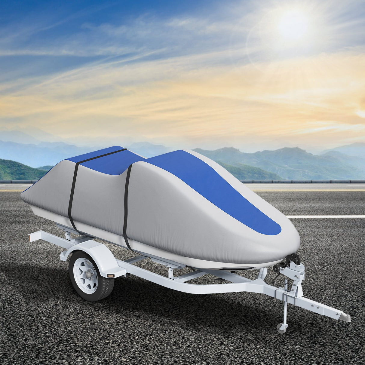 VEVOR Jet Ski Cover 320-342 cm Trailerable Waterproof PWC Cover, Heavy-duty 600D Marine Grade PU Oxford Fabric, UV Resistant Seadoo Cover with Buckle Straps, Personal Watercraft Covers, Grey+Blue