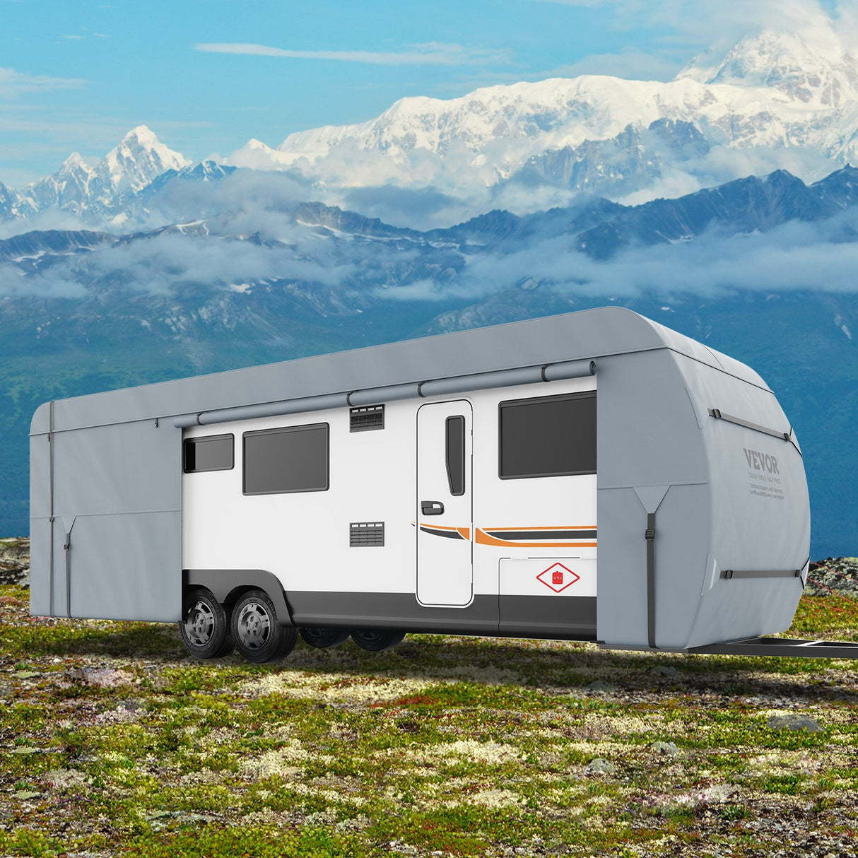 VEVOR Travel Trailer Cover, 9.1-9.8m RV Cover, 4-Layer Non-Woven Fabric Camper Cover, Waterproof, Windproof And Wear-Resistant Class A RV Cover, Rip-Stop Camper Cover with Storage Bag and Patches