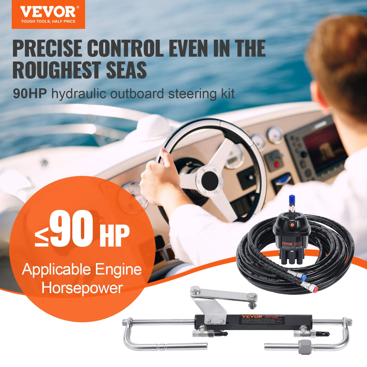 VEVOR 90HP Hydraulic Outboard Steering Kit — Complete Marine Steering System with Helm Pump, Cylinder & 2×24ft Hoses