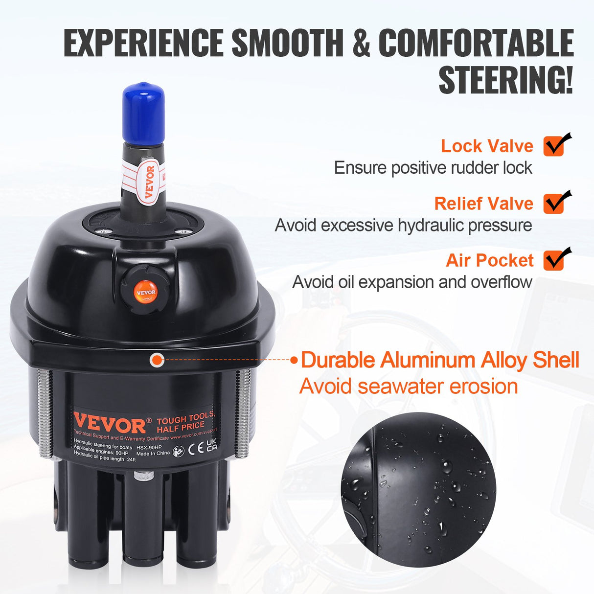 VEVOR 90HP Hydraulic Outboard Steering Kit — Complete Marine Steering System with Helm Pump, Cylinder & 2×24ft Hoses