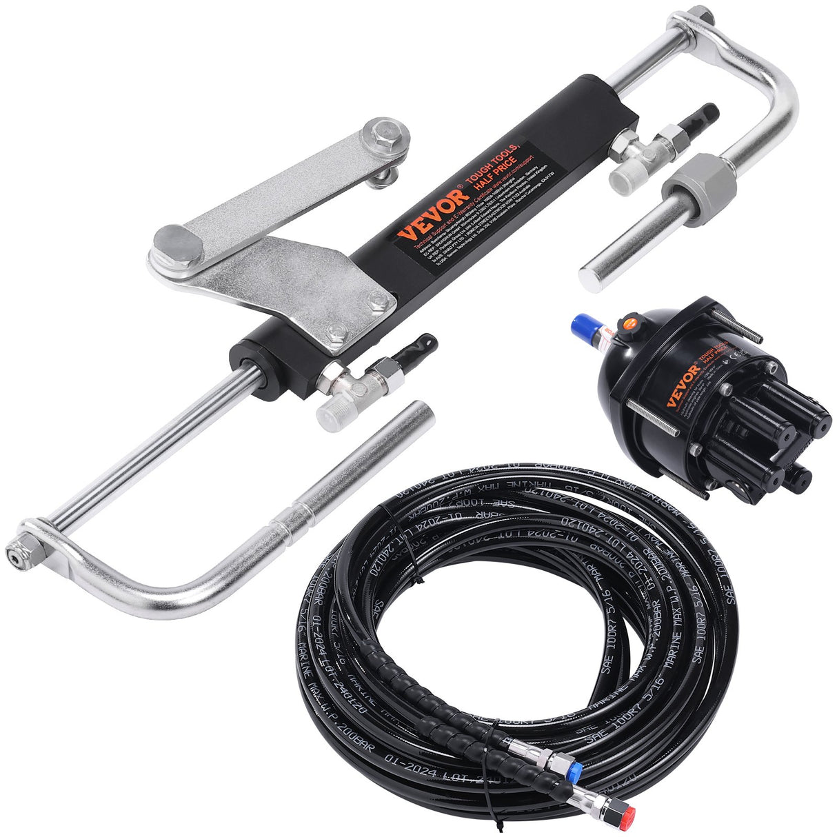 VEVOR 90HP Hydraulic Outboard Steering Kit — Complete Marine Steering System with Helm Pump, Cylinder & 2×24ft Hoses