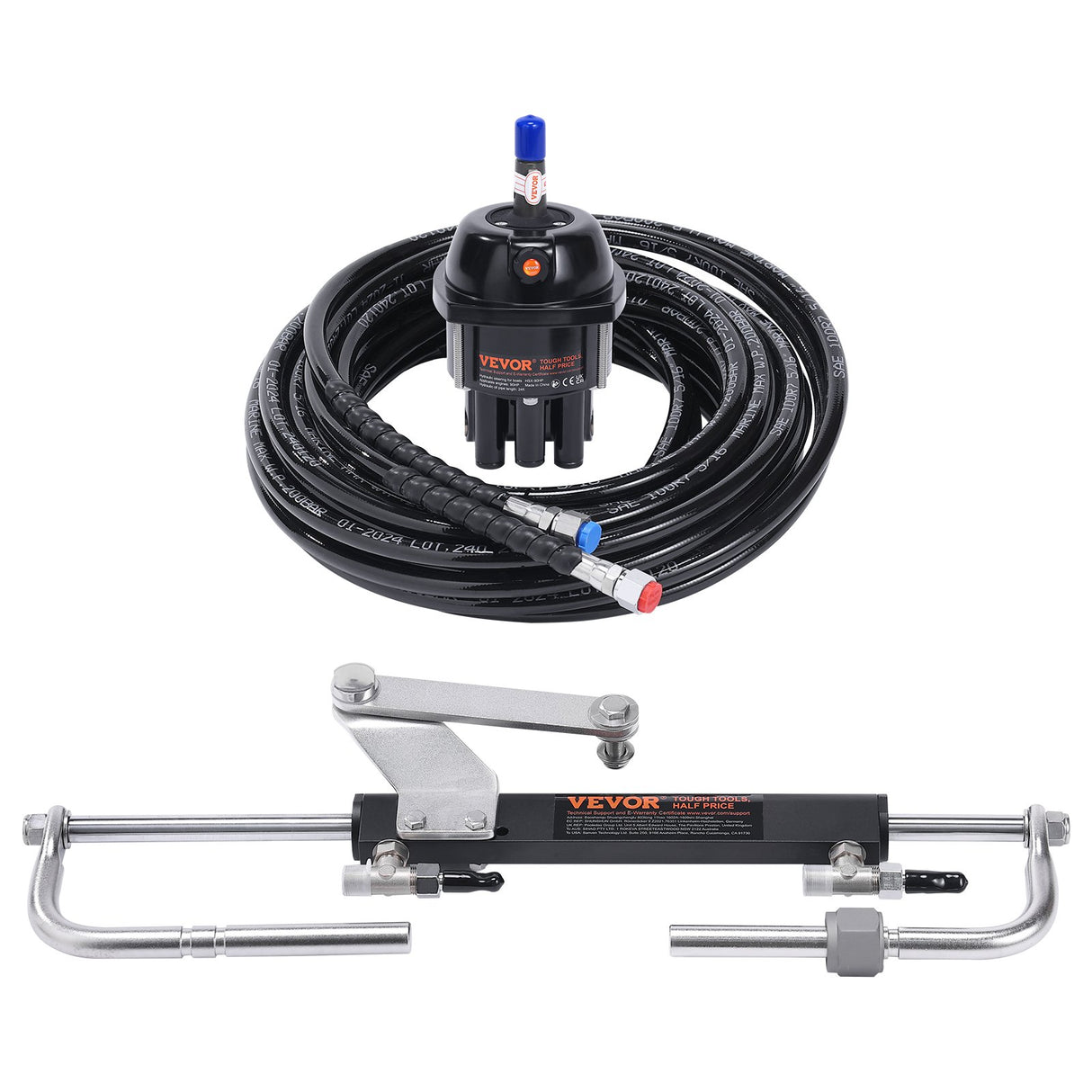 VEVOR 90HP Hydraulic Outboard Steering Kit — Complete Marine Steering System with Helm Pump, Cylinder & 2×24ft Hoses