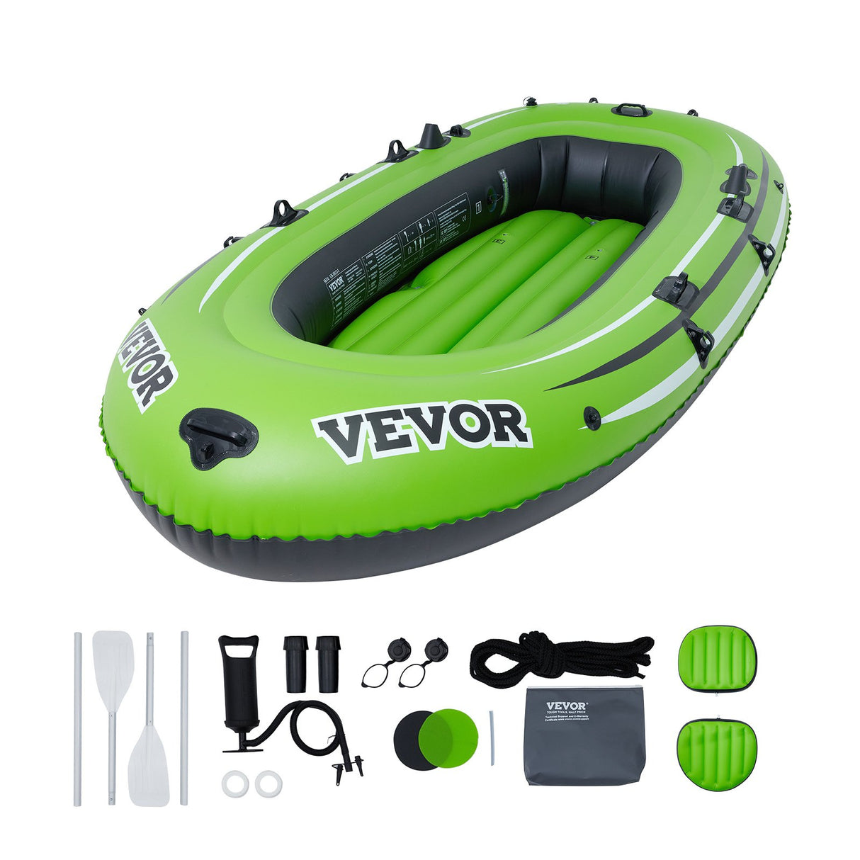 VEVOR Inflatable Boat, 4-Person Inflatable Fishing Boat, Strong PVC Portable Boat Raft Kayak, 1158mm Aluminum Oars, High-Output Pump, Fishing Rod Holders, and 2 Seats, 1100 lb Capacity for Adults Kids
