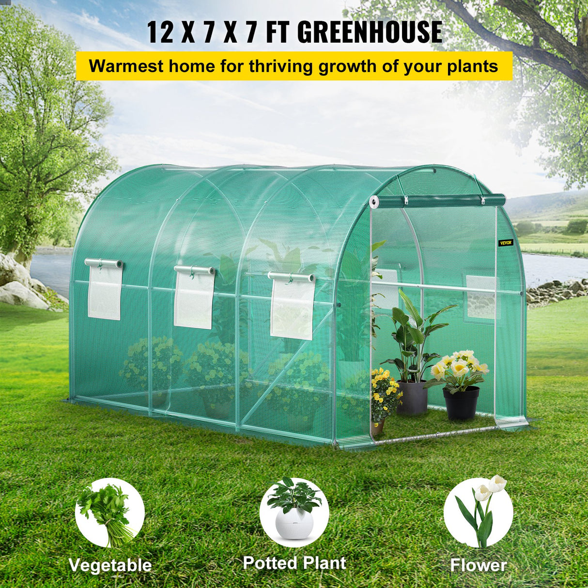 VEVOR Walk-in Tunnel Greenhouse Galvanized Frame & Waterproof Cover 12x7x7 ft