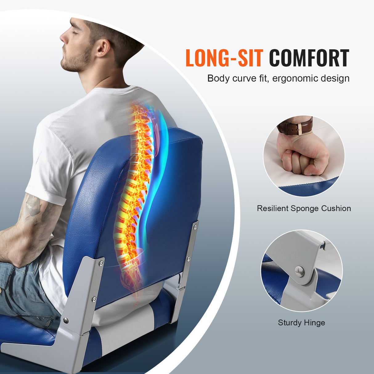 VEVOR Boat Seat, 480 mm Low Back Boat Seat, Folding Boat Chair with Thickened Sponge Padding and Hinge, Fold-Down Boat Captain Chair for Fishing Boat, Sightseeing Boat, Speedboat, Canoe, 1-Piece