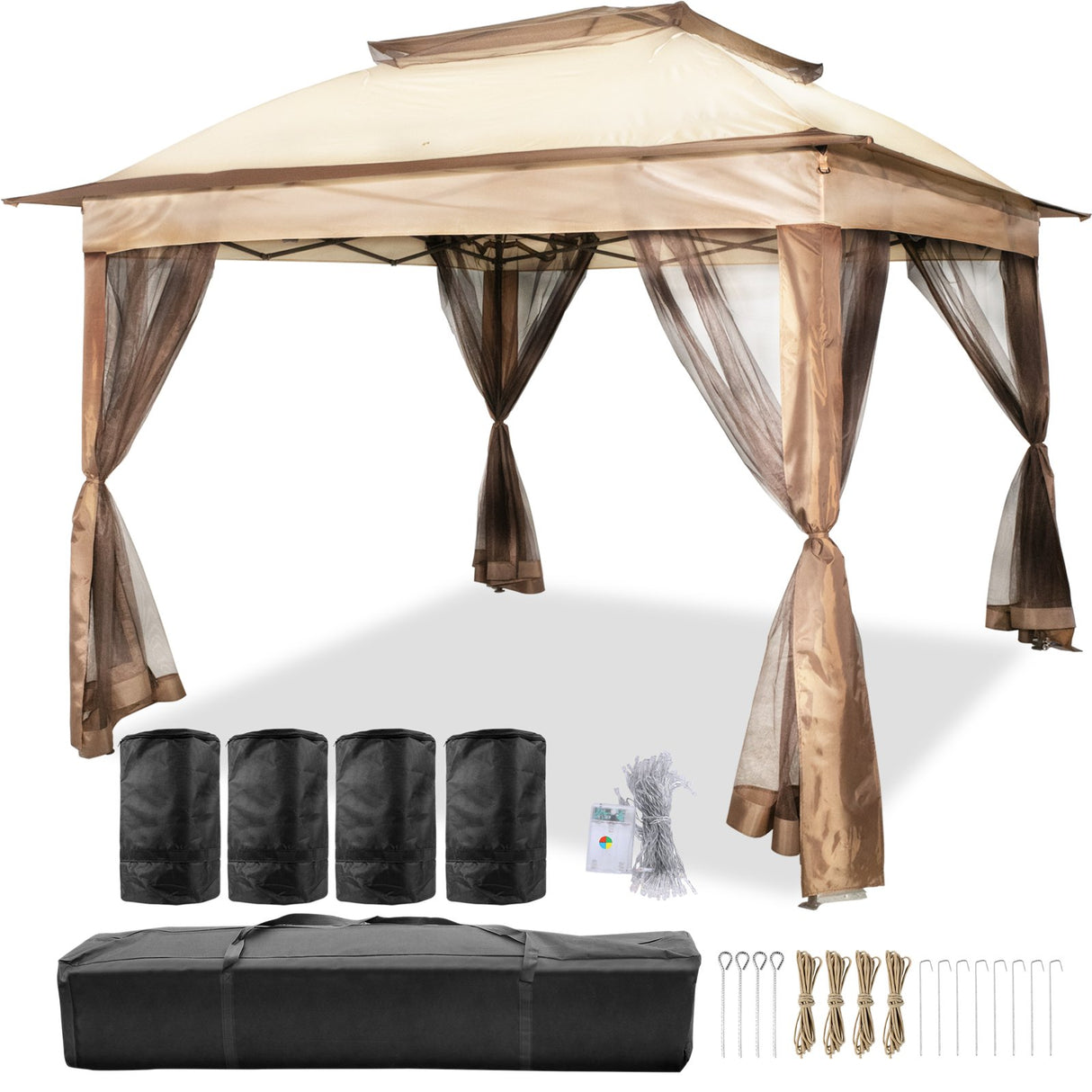 VEVOR Outdoor Canopy Gazebo Tent, Portable Canopy Shelter with 11\'x11\' Large Shade Space for Party, Backyard, Patio Lawn and Garden, 4 Sandbags, Carrying Bag and Netting Included, Brown